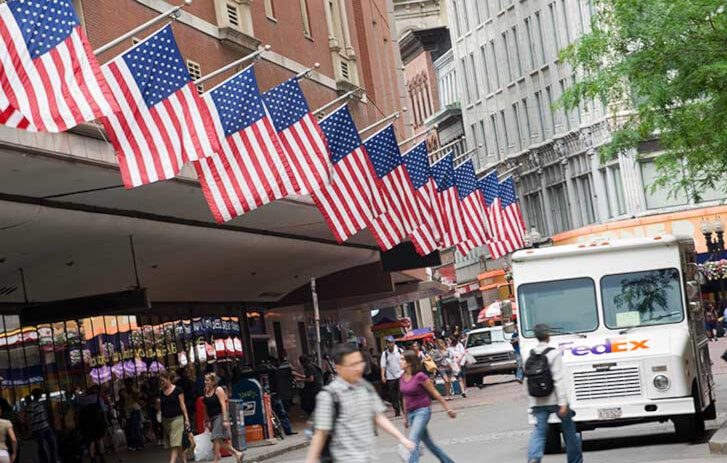 US Flags on a street